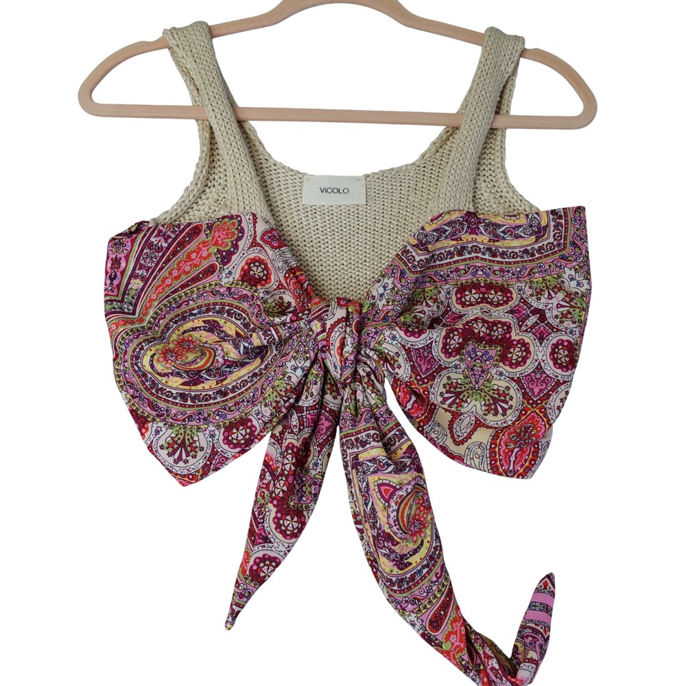 Womens Knit Crop‎ Top Cream Pink Paisley Tie Front Boho Festival Beach Italy O/S